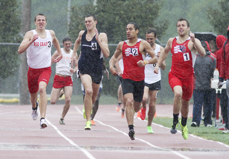 Rio Grande's Kyle Sanborn (far left) races toward a 2nd place finish in the men's 800 meter run at the MSC Championships